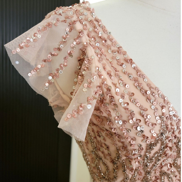 Mac Duggal 5682 Apricot Peach Pink Sequin Beaded Flutter Sleeve Gown Dress 14 - Picture 11 of 13